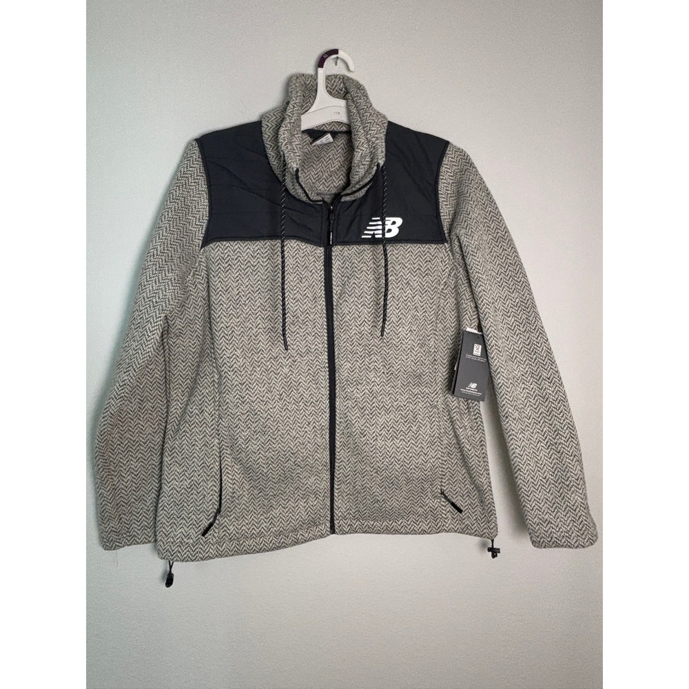 New Balance Womens XL Full Zip Herringbone Knit Jacket Grey Black Funnel‎ NEW